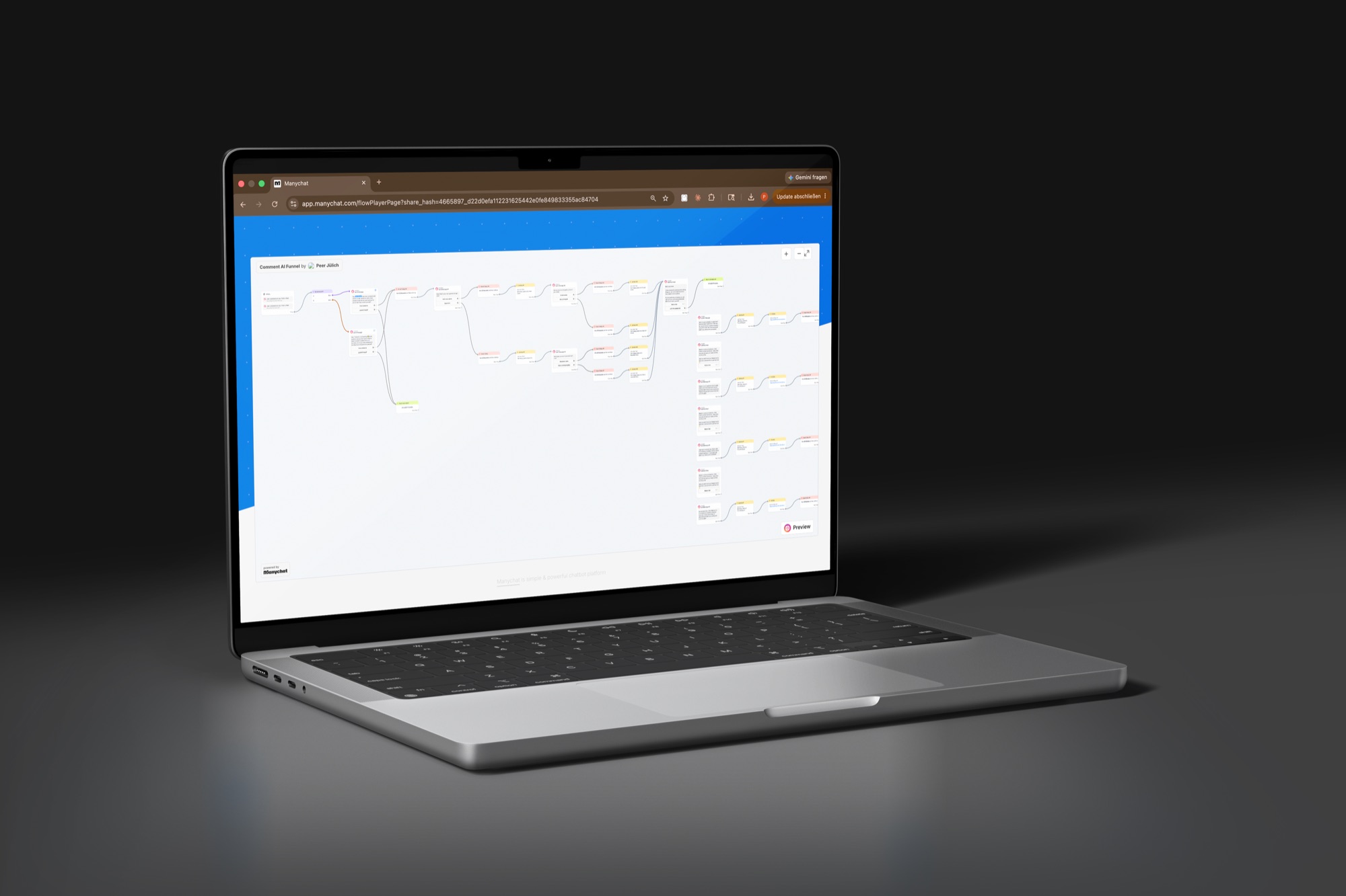ManyChat DM funnel workflow builder showing automated lead qualification flows.