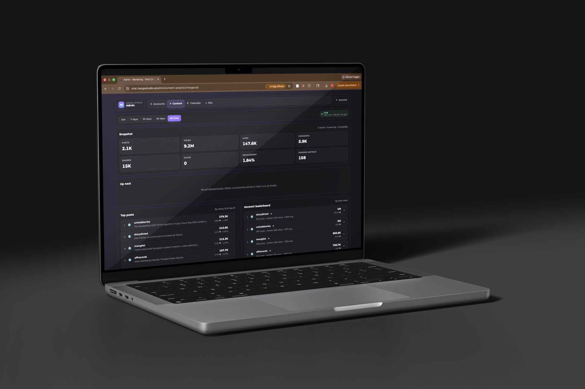 Viral Carousel Bot admin dashboard showing 9.3M views, 148.8K likes, and account leaderboard.